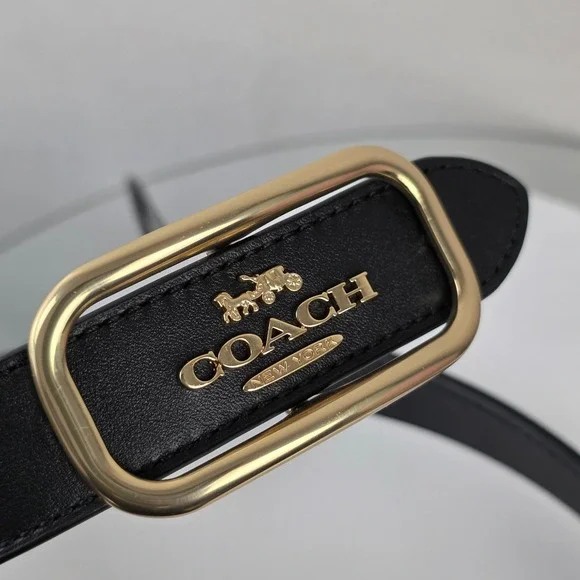 Coach Morgan Rectangle Black Leather Buckle Belt Medium M Gold Horse Carriage - Picture 4 of 7